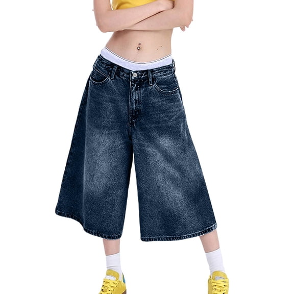 Yifymode Jorts for Women Baggy Y2k Bermuda Jean Capris Wide Leg Knee Length Stretchy Denim Shorts Vintage Streetwear Shorts,Dark Blue L