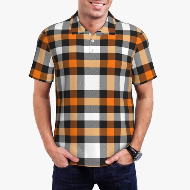 Fotbe Orange Plaid Camiseta Polo de Golf para Hombre con Estampado – Camisa Deportiva Transpirable con Cuello Abotonado-Small