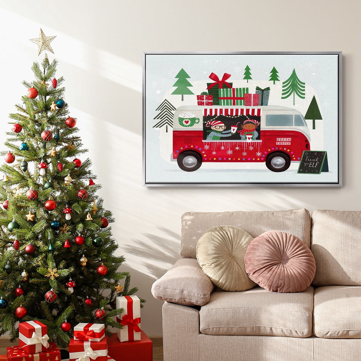 Santa's Foodtruck Collection A - Framed Gallery Wrapped Holiday Canvas - 25 x 37 - Silver Frame