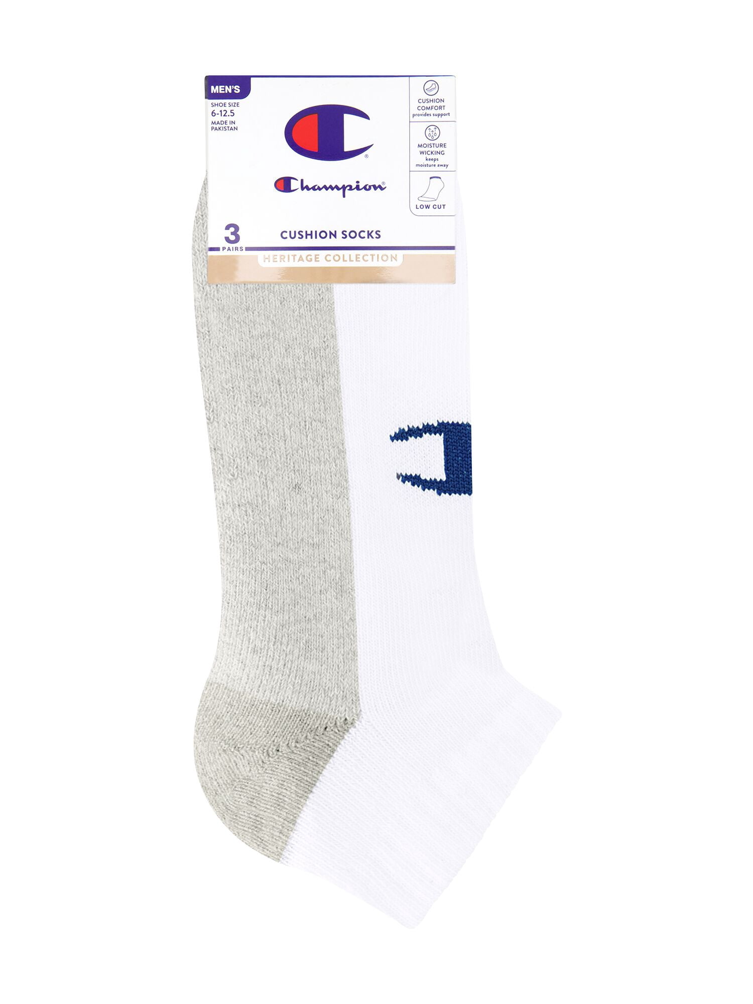 Champion Men’s Low Cut Socks 3 Pack – Half Terry Cushion, Moisture-Wicking, Arch Support, Stretch Comfort, Sizes 6–12.5