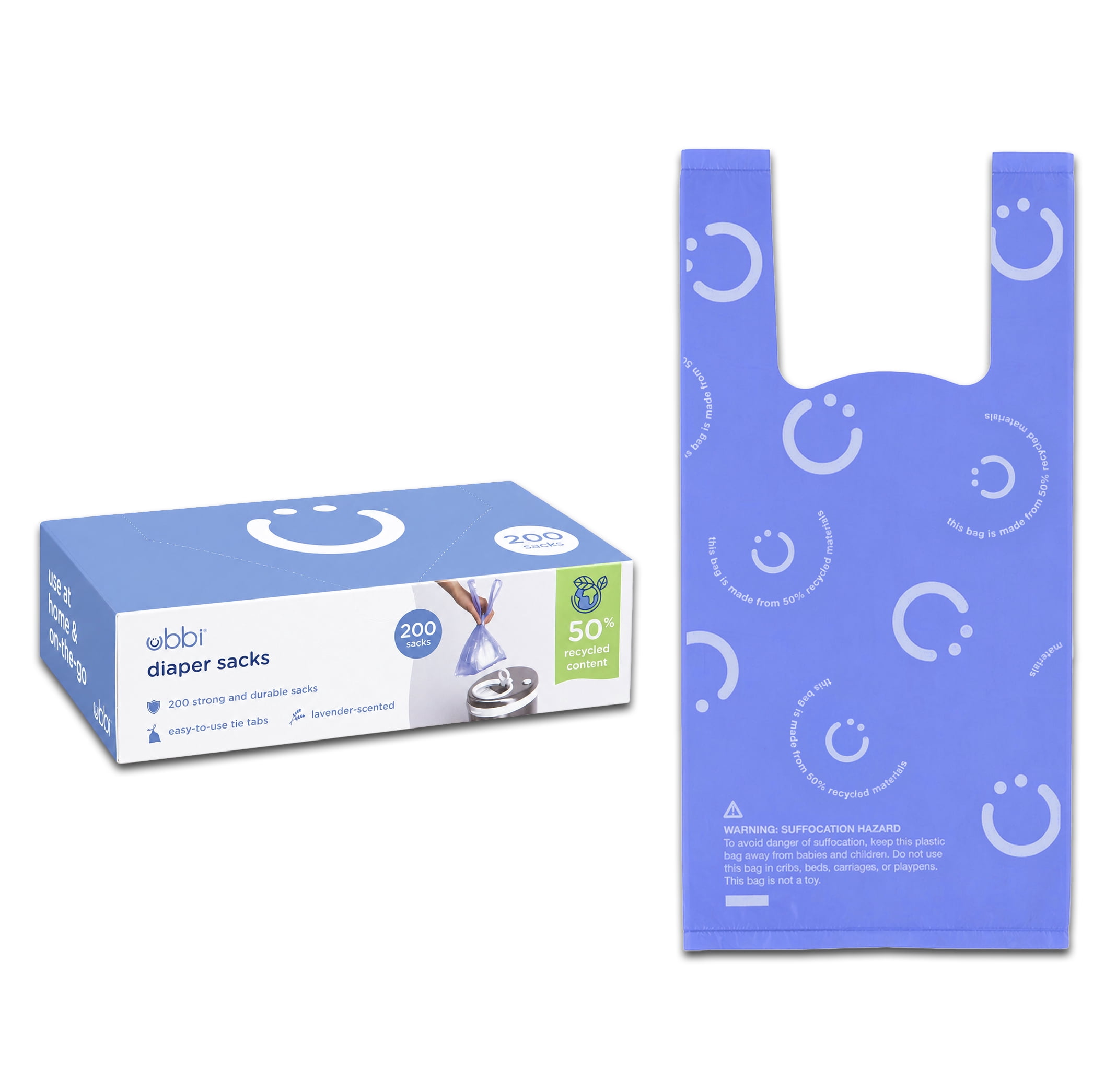 (3 pack) Ubbi Disposable Diaper Sacks, Lavender Scented, Easy-to-Tie Tabs, Diaper Disposal , 200 Count, Newborn
