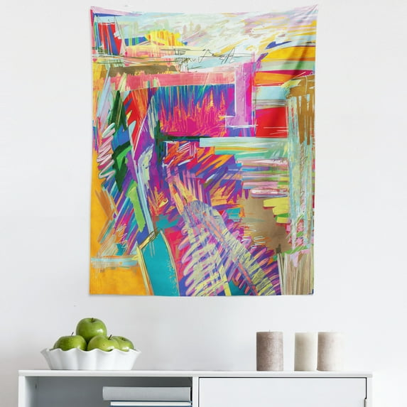 Watercolor Tapestry, Colorful Modern Look Abstract Digital Shapes and Scribbles Trippy Themed, Fabric Wall Hanging Decor for Bedroom Living Room Dorm, 5 Sizes, Orange Multicolor, by Ambesonne