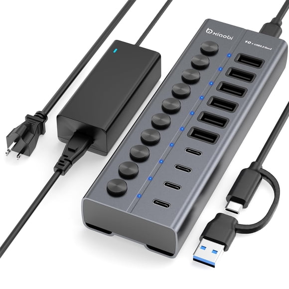 Powered USB Hub, 10-Port USB C Hub with 6 USB-A 3.2, 4 USB-C 3.2 Ports, Individual Switches and 12V/5A Power Adapter, Aluminum USB Extension for MacB