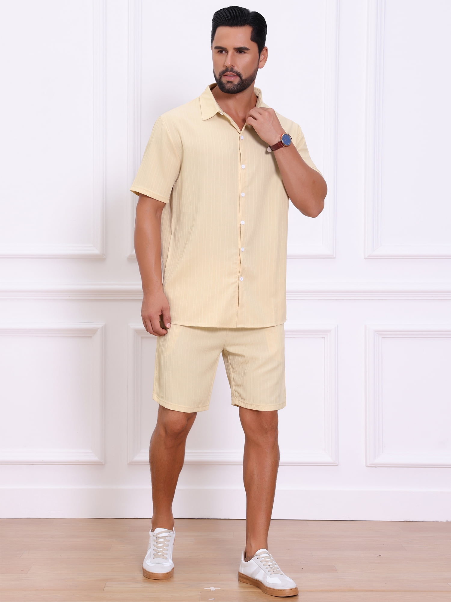 DARING DIVA Men's 2 Pieces Beach Shirt & Shorts Striped Textured Outfits L Beige