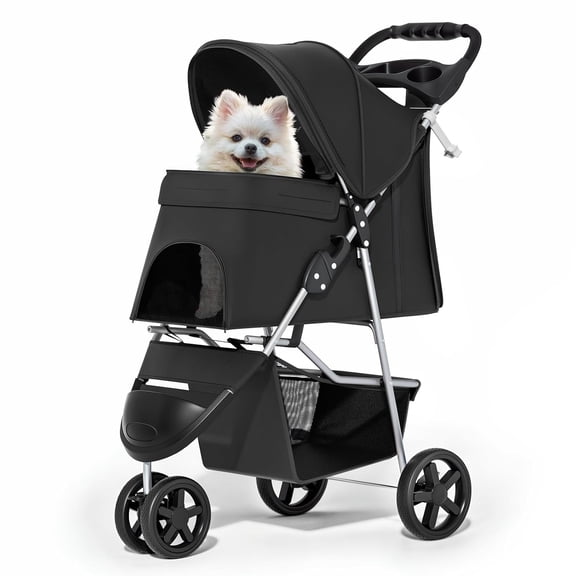 HJTER Foldable Pet Stroller with Weather Cover, 3 Wheels Pet Strolling Cart for Small/Medium Dogs and Cats with Storage Basket and Cup Holder, Breathable and Visible Mesh for All-Season, Black