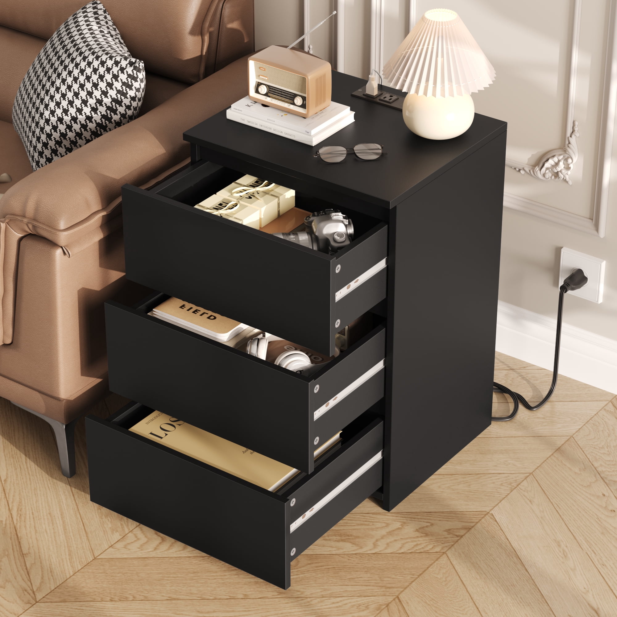 Homfa 3 Drawers Nightstand Set of 2 with Charging Station, Modern End Side Table, Wooden Storage Cabinet for Bedroom Living Room, Black