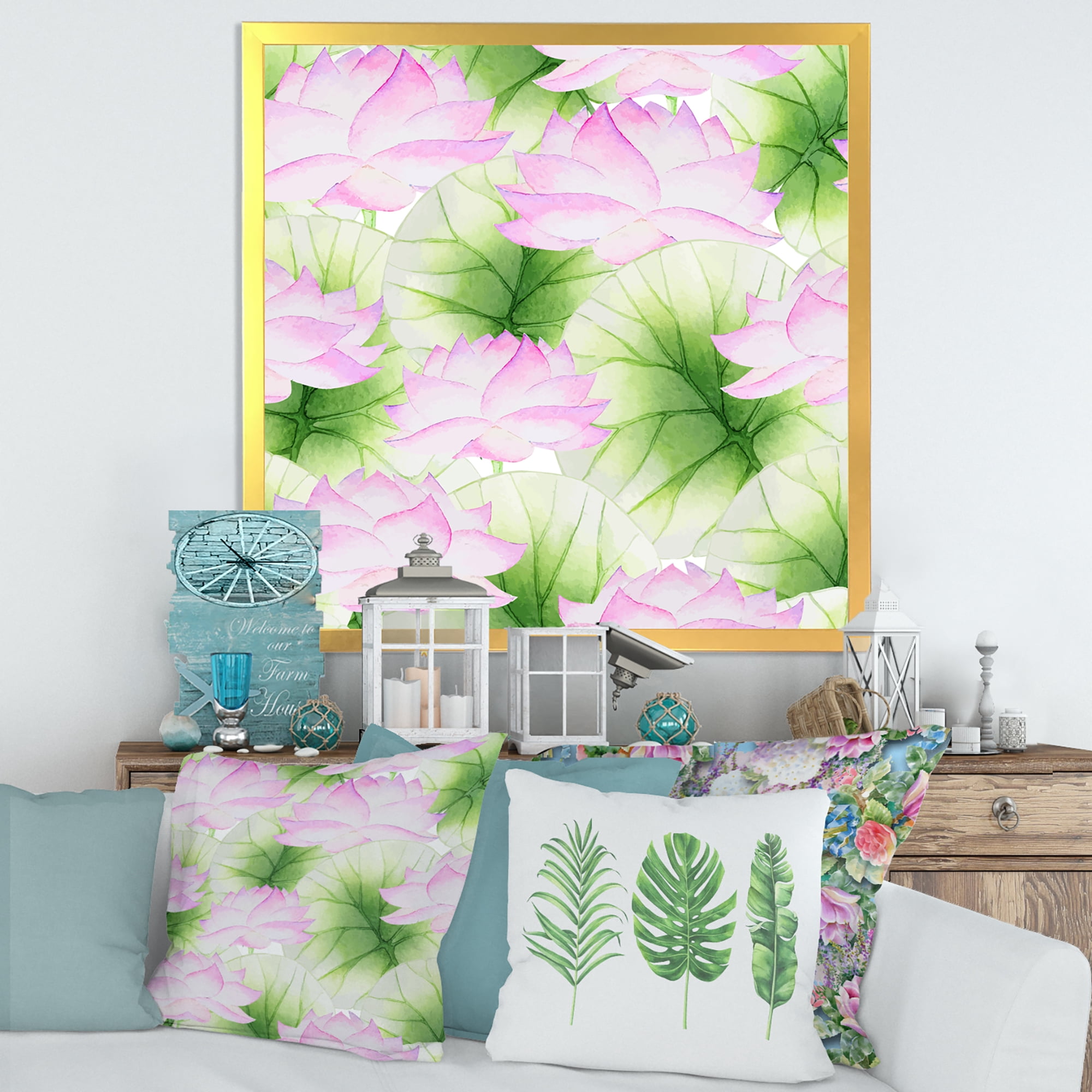 Designart 'Ancient Pink Lotuses In The Pond IX' Traditional Framed Art Print