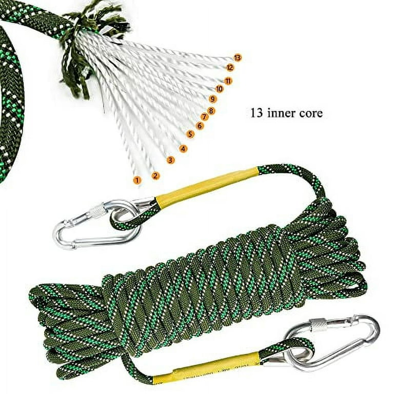 X XBEN Outdoor Climbing Rope, 8MM Green Diameter Static Rock Climbing Rope  10M(32ft) Tree Climbing Rappelling Rope with Hooks, Escape Rope Fire Rescue