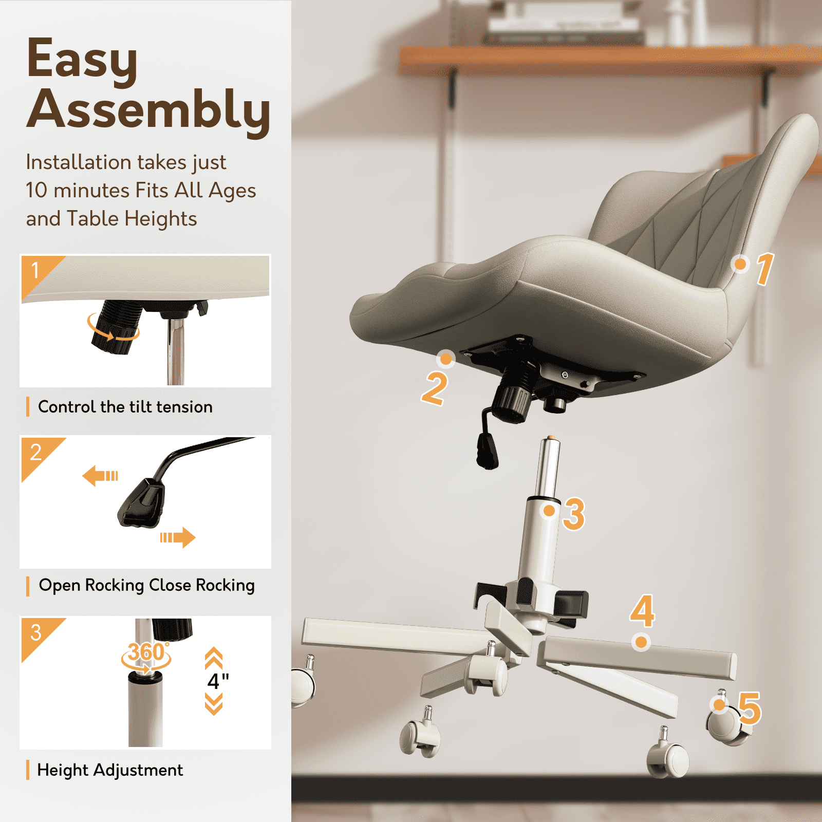 HomeZeer Space Saving Armless Office Chair with Wheels, Adjustable Height PU Leather Swivel Computer Task Chair, Soft Padded Mid Back Vanity Chair Design for Home Office & Small Spaces, Beige