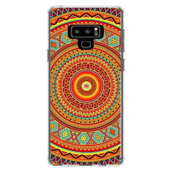 DistinctInk Clear Shockproof Hybrid Case for Samsung Galaxy Note 9 - TPU Bumper, Acrylic Back, Tempered Glass Screen Protector - Orange Teal Yellow Tribal Print