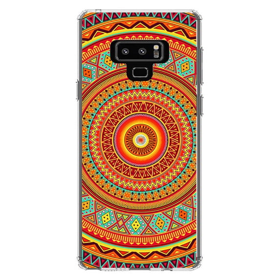 DistinctInk Clear Shockproof Hybrid Case for Samsung Galaxy Note 9 - TPU Bumper, Acrylic Back, Tempered Glass Screen Protector - Orange Teal Yellow Tribal Print