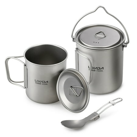 Lixada Lightweight Titanium 3 Pieces Set Titanium 750ml Pot 420ml Water Cup Mug with Lid Collapsible Handle Folding Spork for Outdoor Camping Hiking (Best Backpacking Pot For Boiling Water)