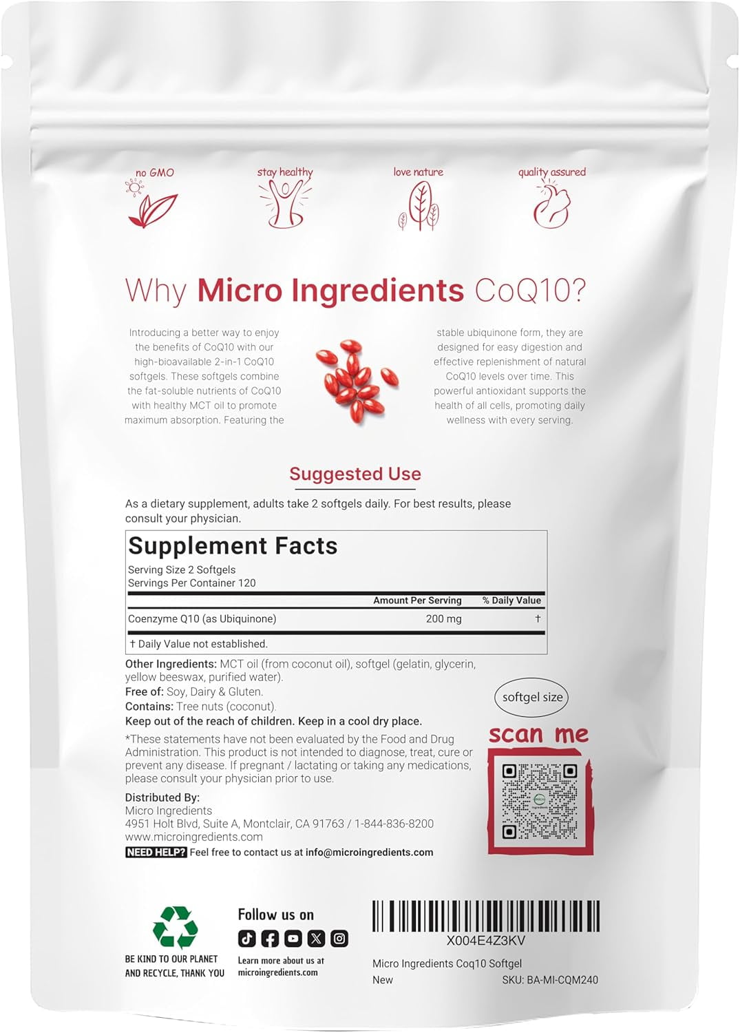 Micro Ingredients CoQ10 200mg Per Serving, 240 Coconut MCT Oil Softgels | Antioxidant Support for Heart & Energy Health | Non-GMO