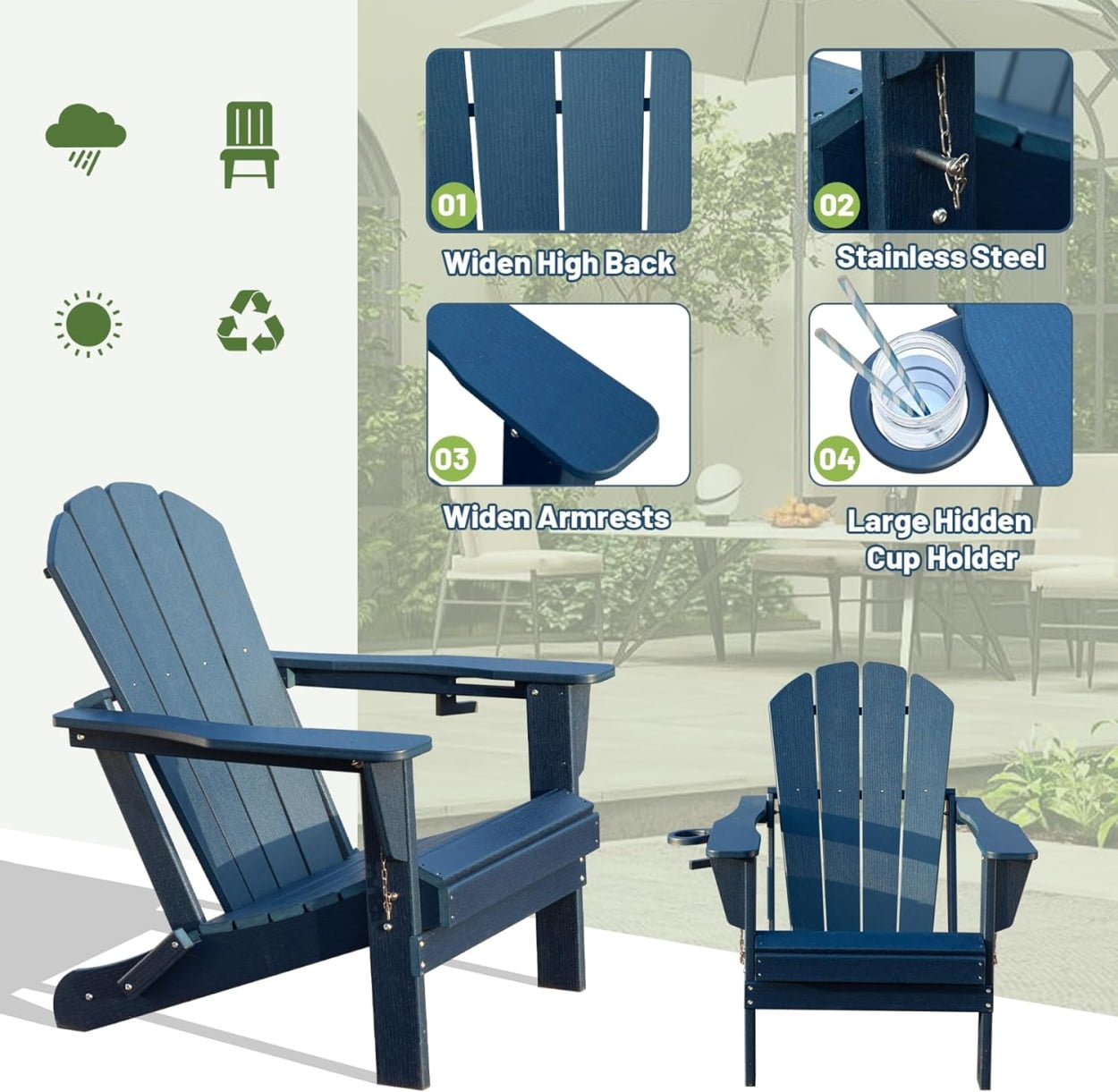 Folding Adirondack Chairs Set of 2, All-Weather HDPE Lawn Chairs with Cup Holder, Comfortable Outdoor Patio Chairs for Deck, Porch, Backyard, Garden, Dark Blue