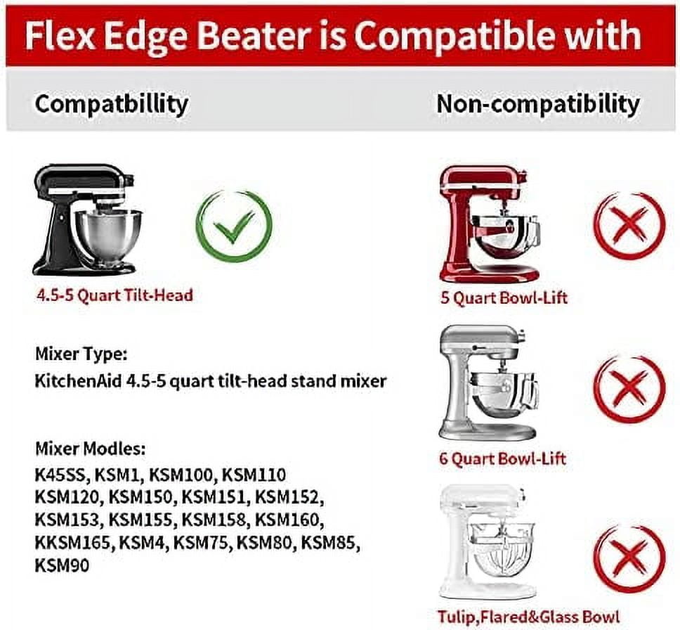 FRESHLAB Flex Edge Beater for KitchenAid 4.5-5 QT Tilt-Head Stand Mixer,  Replacement Flat Paddle Beater Attachments with Scraper, Dishwasher Safe,  4.5-5 Quart, White 