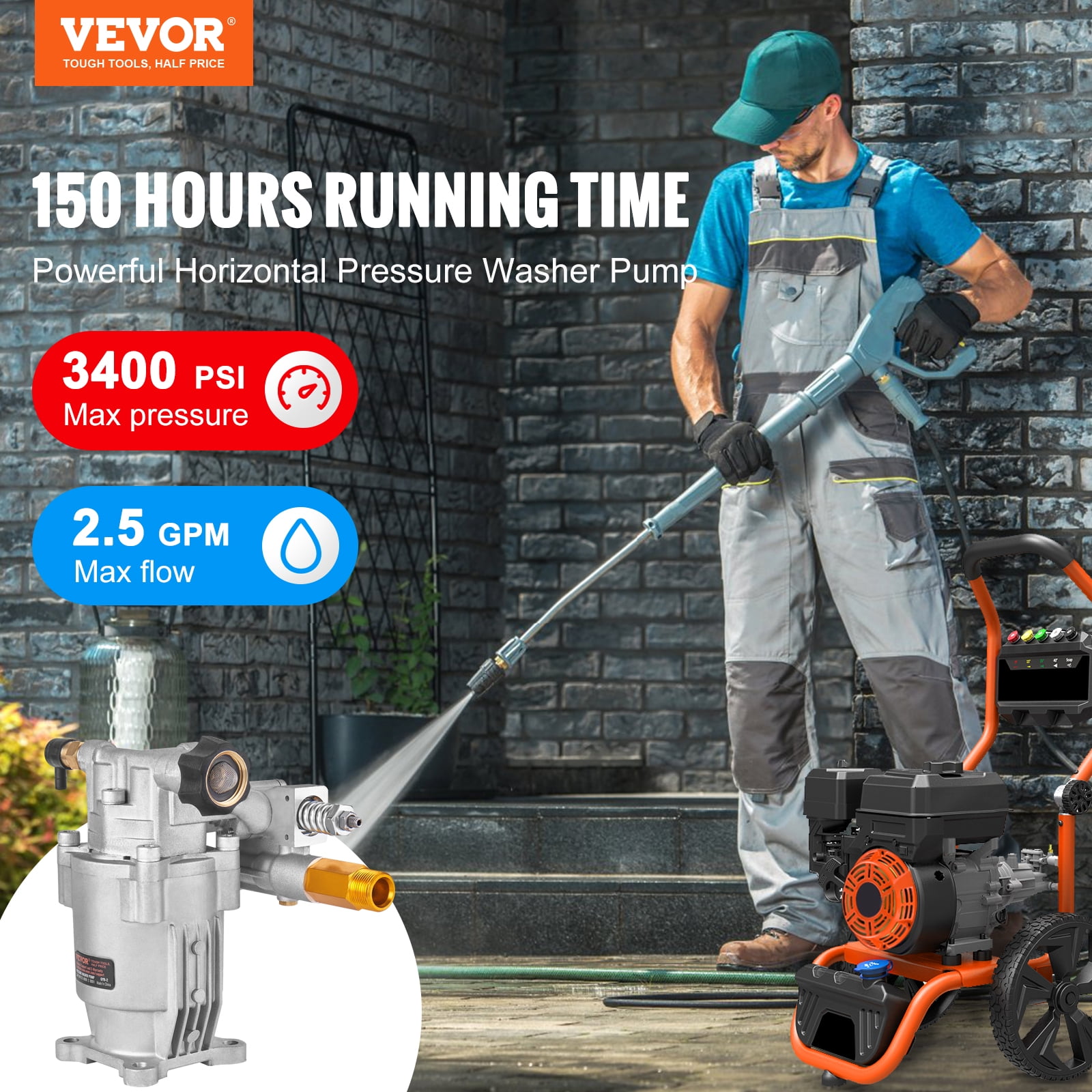 VEVOR Pressure Washer Pump, 3/4" Shaft Horizontal, 3400 PSI, 2.5 GPM, Replacement Power Washer Pumps Kit, Parts Washer Pump, Compatible with Honda, Simpson, RYOBI, Briggs & Stratton, Subaru