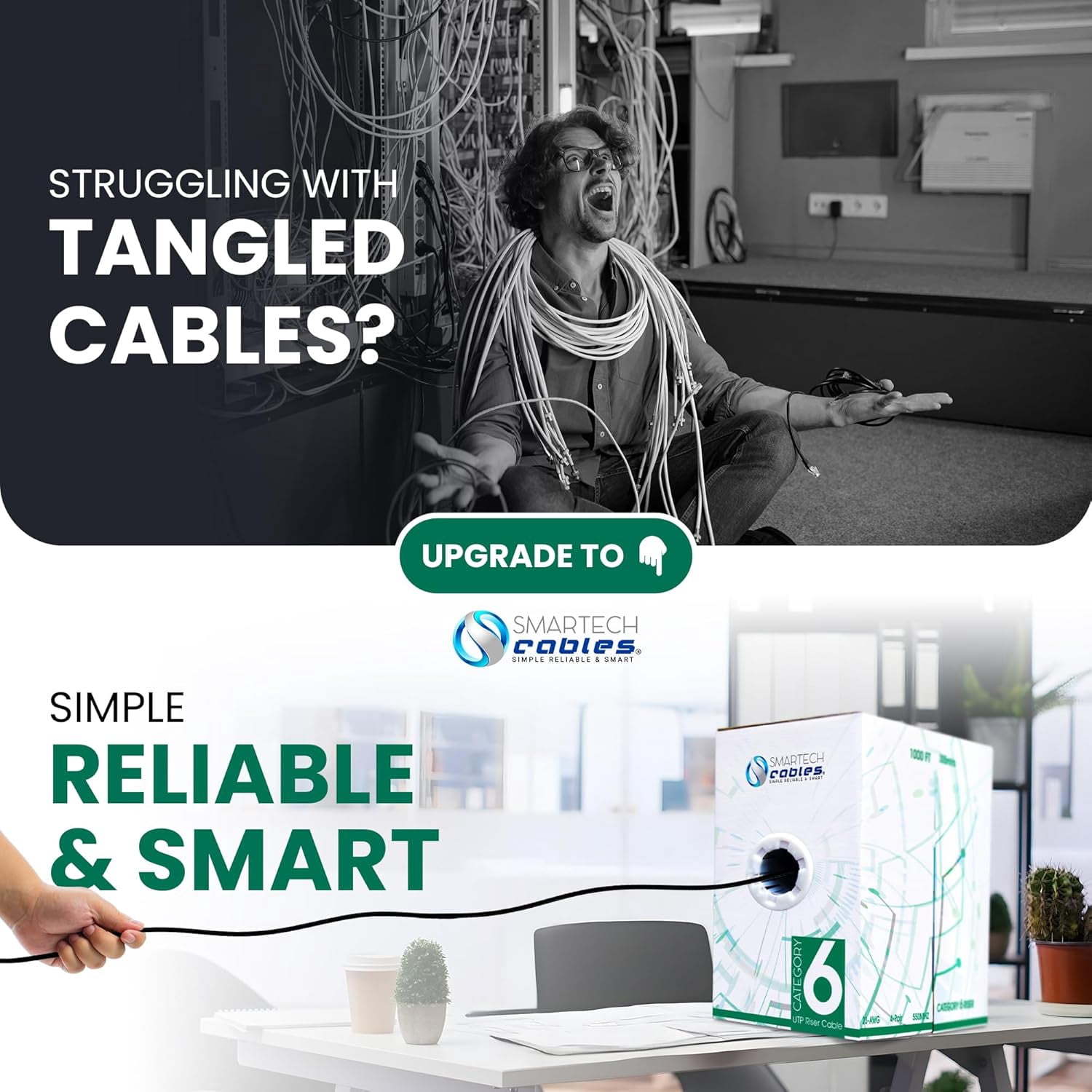 1000ft Cat6 Riser Cable Black – CMR, 23AWG UTP, 550MHz, 10Gbps | Easy Pull Box