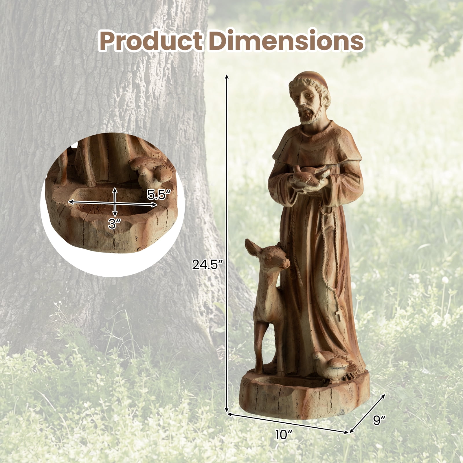 Costway 24.5” St. Francis Statue with Bird Feeder, Animals Sculpture for Garden, Yard, Lawn