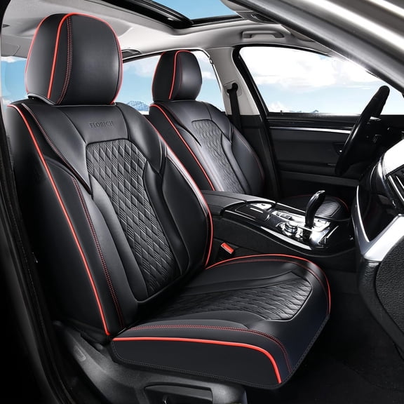 FLORICH Car Seat Covers Front, Luxury Nappa Leather Seat Covers, Breathable and Waterproof, Automotive Seat Covers Universal for Most Cars, Black & Red Line