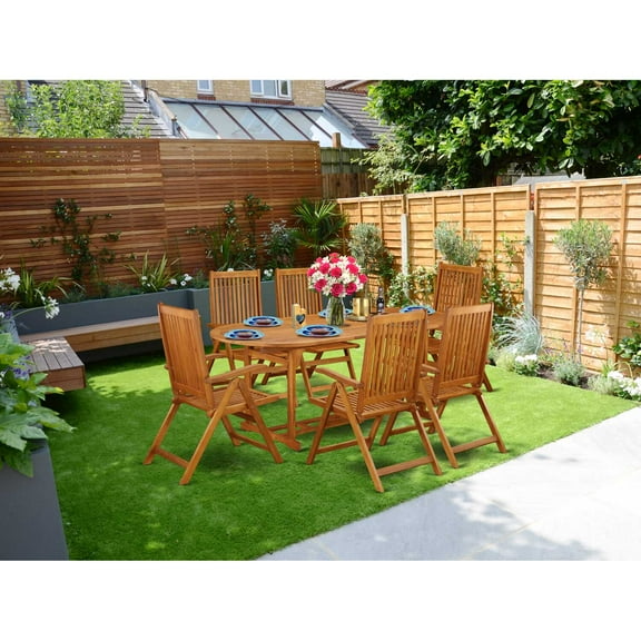 East West Furniture Beasley 7-piece Wood Patio Furniture Set in Natural Oil