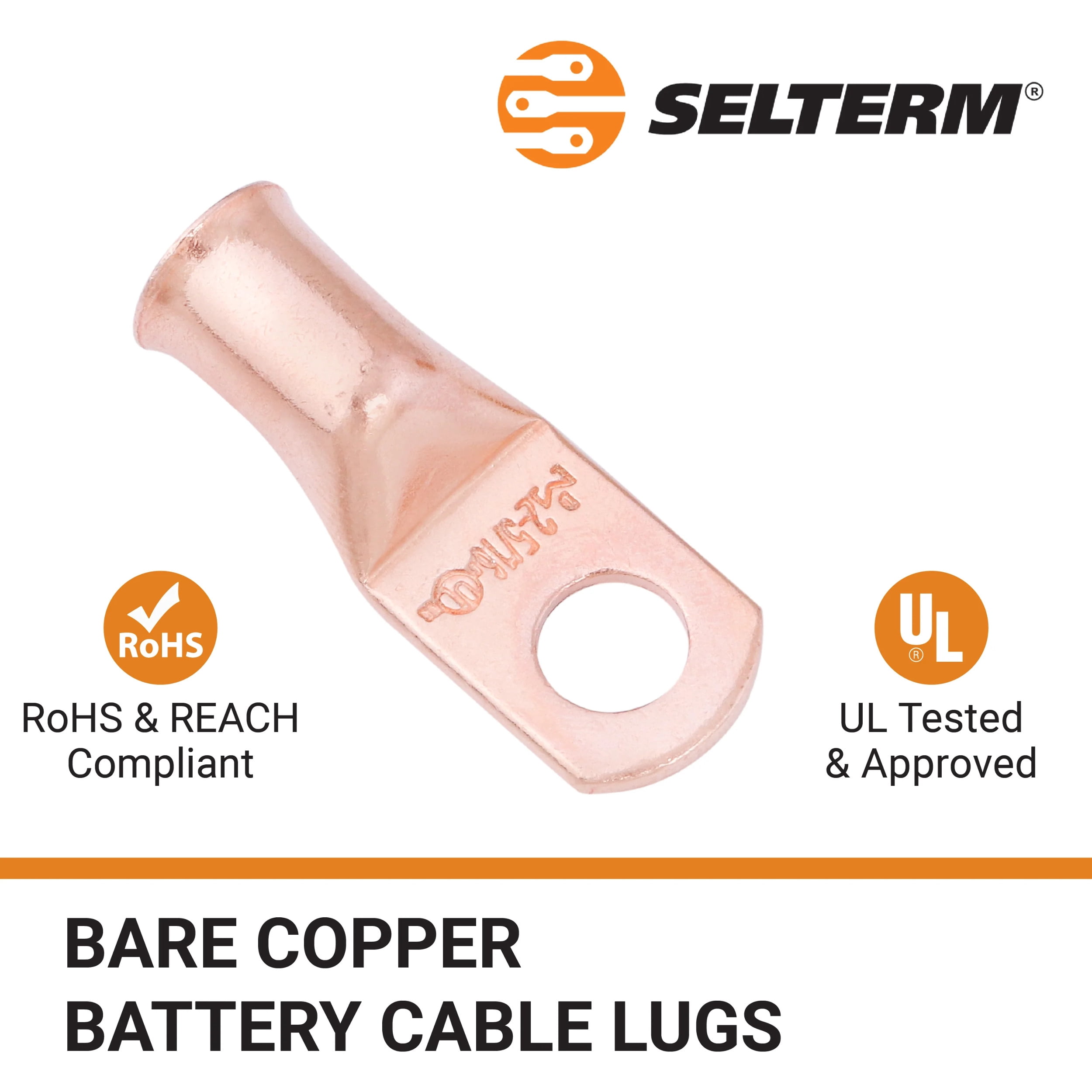 SELTERM 2 AWG 5/16" Ring Battery Cable End Terminal Lugs Bare Copper 25ea