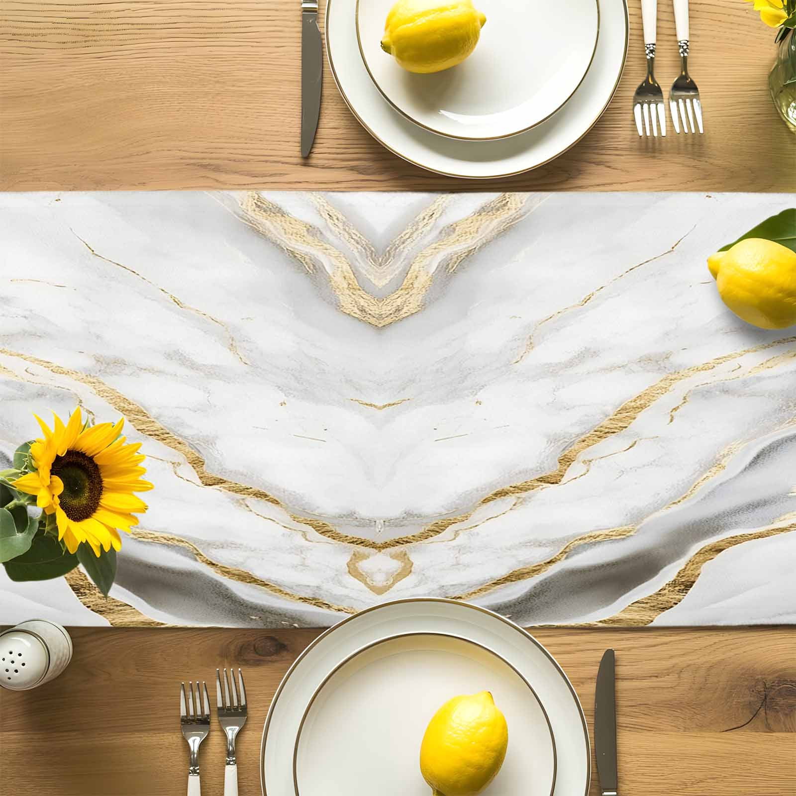 Kitchen Table Runner 90 Inches Long, Abstract White Marble Texture Cotton Linen Table Runners for Dining Tables Home Holiday Party Wedding, Retro Golden Veins Seamless Tabletop Scarf