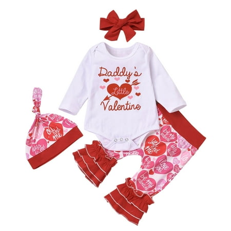 

TAIAOJING Newborn Baby Girl Clothes Infant Girls Valentine s Day Long Sleeve Hearts Letters Printed Romper Bodysuit Pants Hats Hairband Outfits Fall Winter Clothes 0-3 Months