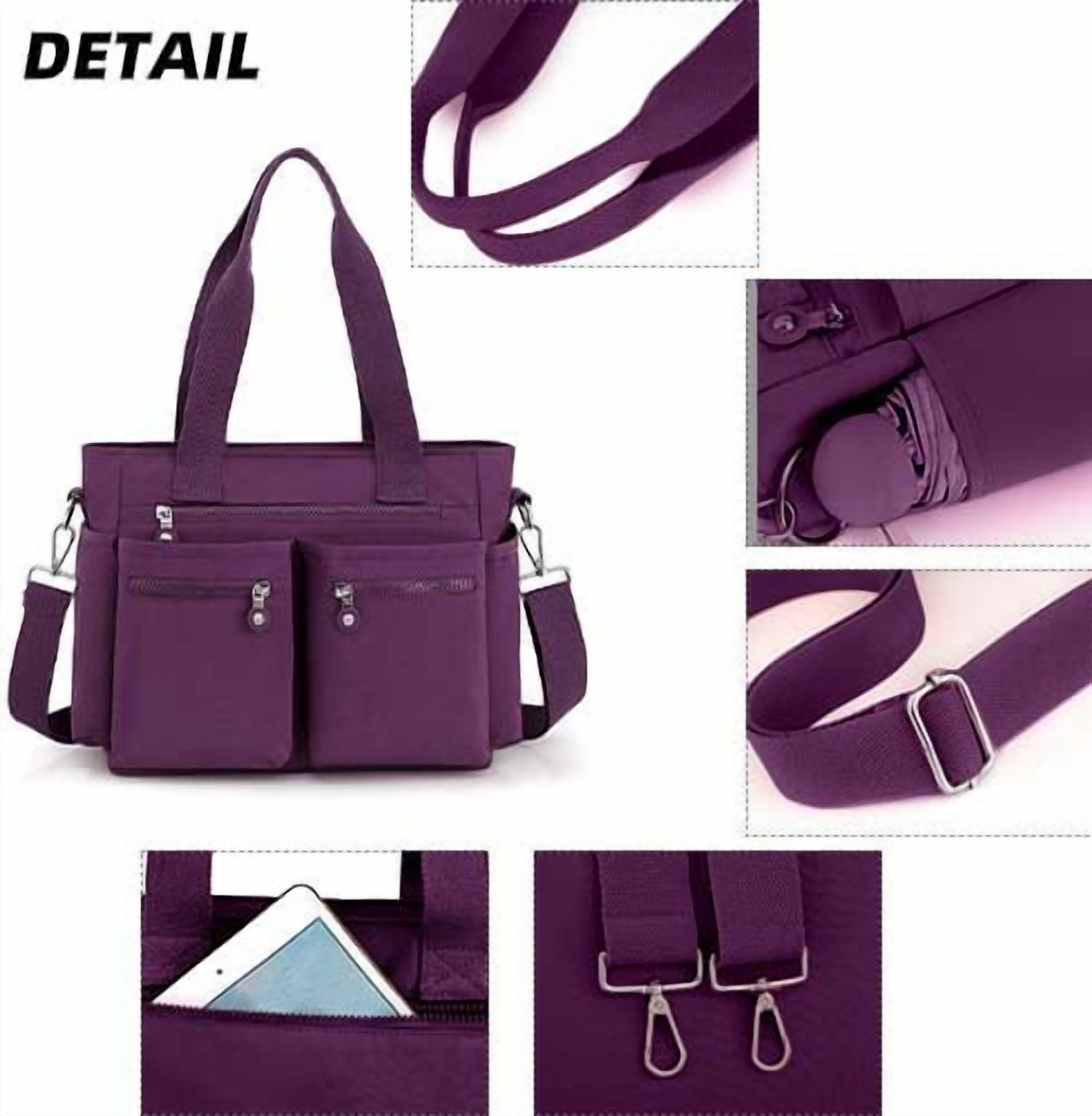 Gocvo Casual Tote Bags with Multiple Pockets, Nylon Large Capacity Crossbody Tote Bag, Working Bag for Ladies (Dark Purple)