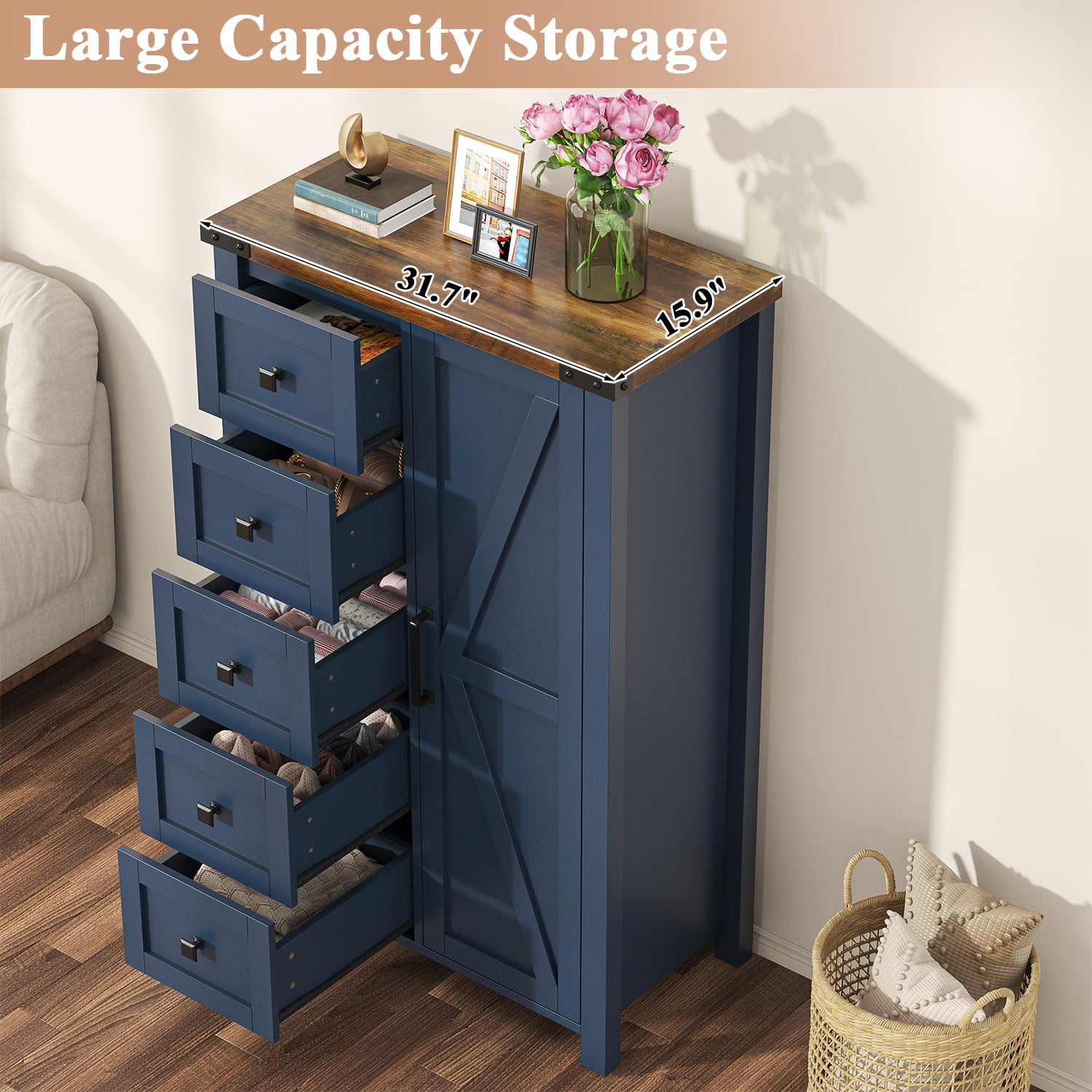 Winkalon 5 Drawers Dresser Chests for Home Bedroom, Farmhouse Wood Rustic Tall Chest of Drawers, Pull Storage Cabinet,Blue