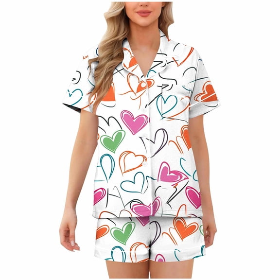 Wensltd Button Front Short Sleeve Pajamas Set Women Summer Collared Valentine Print Short Sleeve Top Shorts Lightweight Comfort Outfit Green