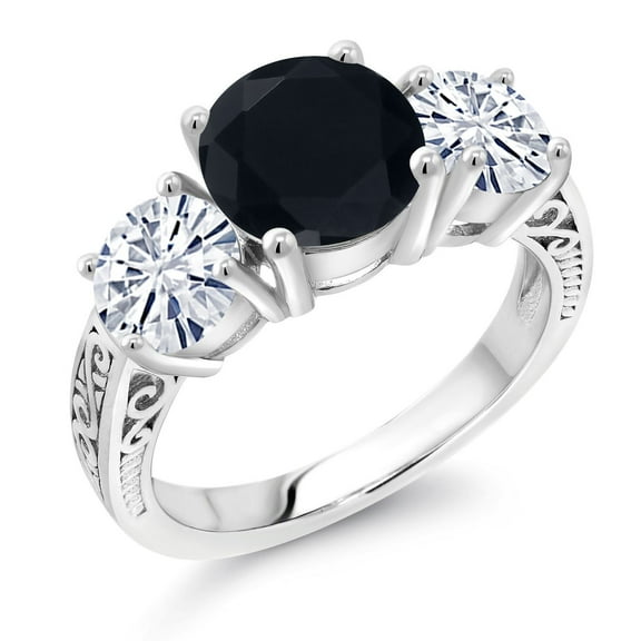 Gem Stone King 3.25 Cttw Black Onyx and White Moissanite 3-Stone Engagement Ring for Women | 925 Sterling Silver | Round 8MM | Gemstone December Birthstone (Size 7)