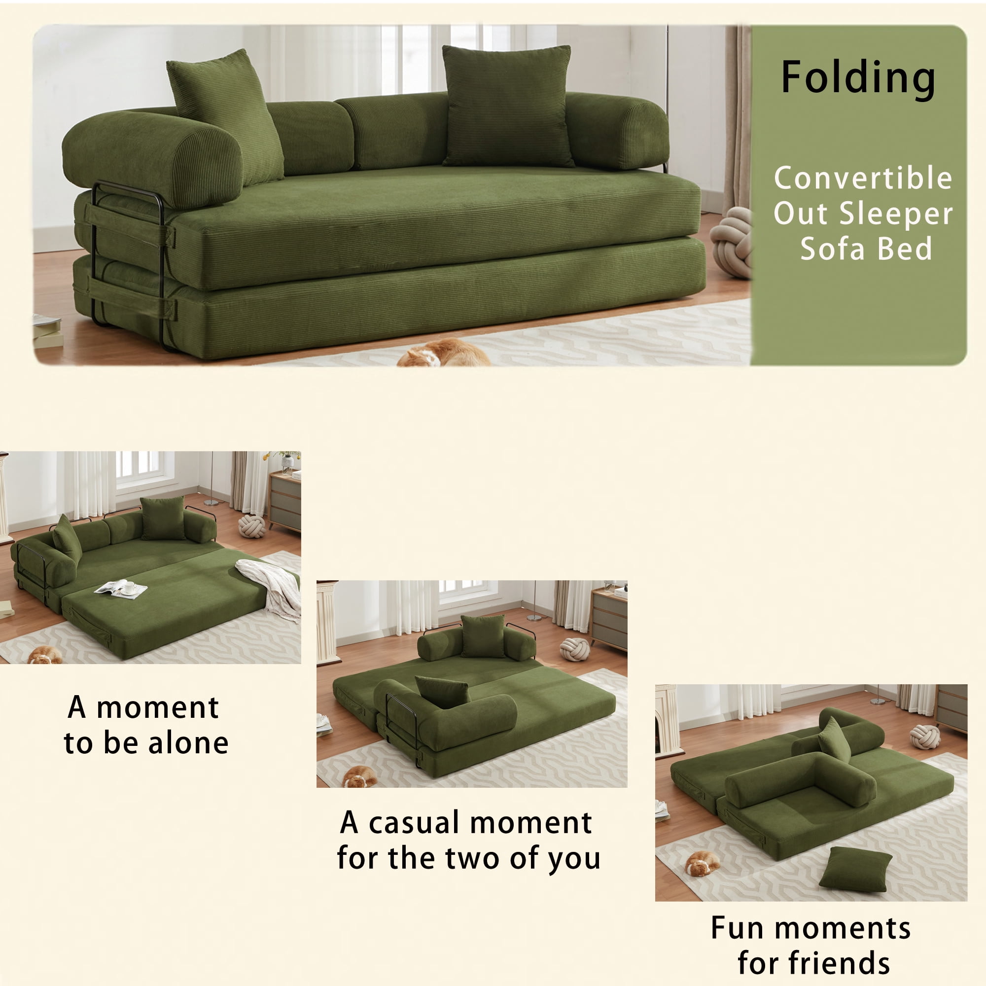 Aukfa 78.5" Convertible Sleeper Couch Folding King Size Futon Sofa for Living Room, Corduroy, Green