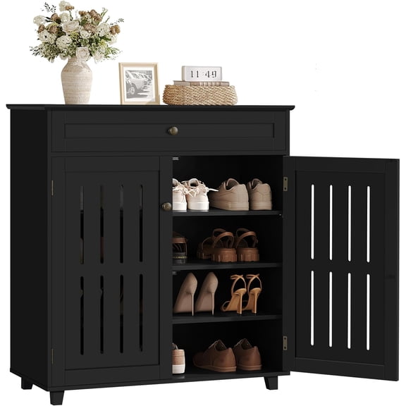 Shoe Cabinet, 4-Tier Shoe Storage Cabinet with Drawer & Adjustable Shelves, Wooden Shoe Rack Organizer with Louvered Doors for Entryway, Hallway, Closet, Living Room, Black