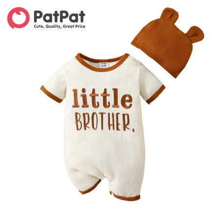 

PatPat 2pcs Baby Boy Letter Embroidered Waffled Textured Short-sleeve Jumpsuit & Hat Set