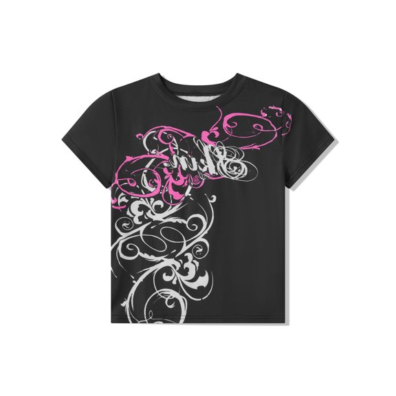 Michellecmm  Women's Slim Gothic Tops Retro Abstract Print Short Sleeve T-Shirts