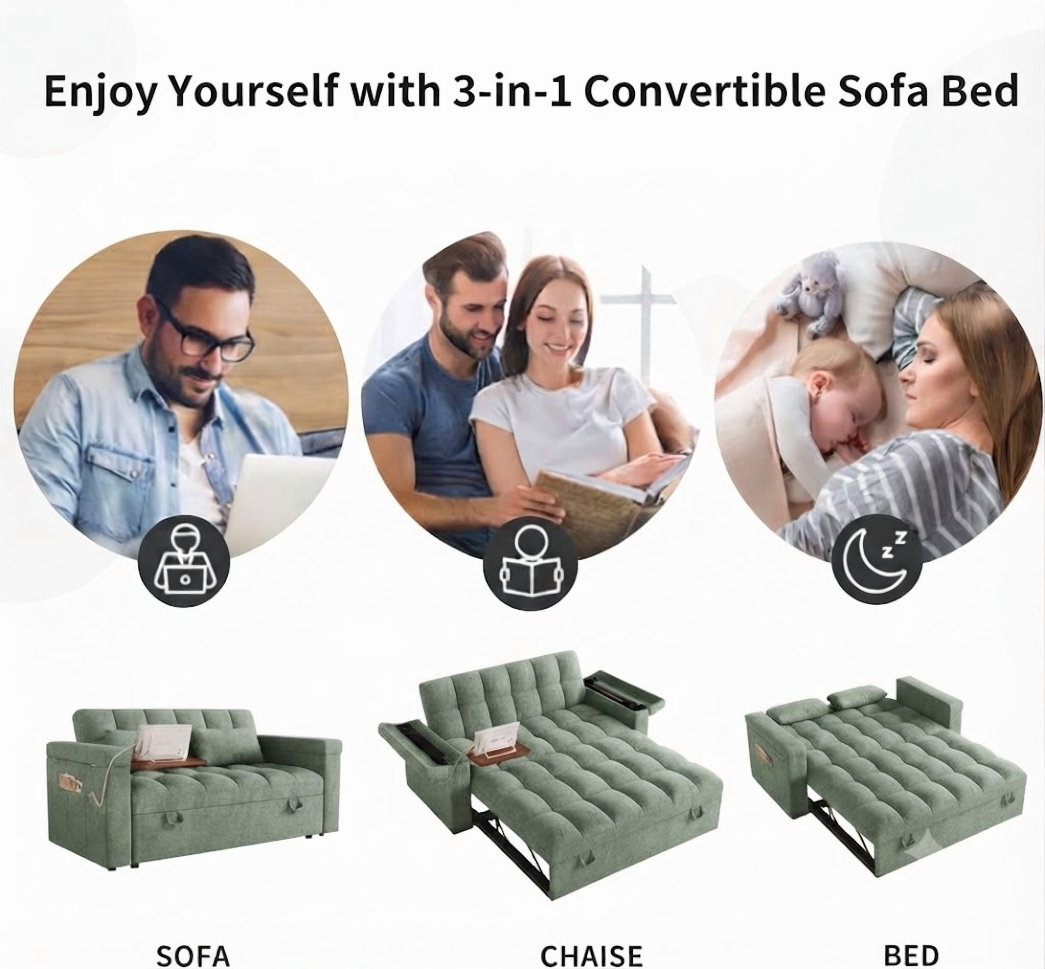 avobird 65" 3-in-1 Convertible Sofa Bed, Pull Out Loveseat with Chenille Fabric/Hidden storage space/Cup holder, Sleeper Sofa Bed for Living Room, Green