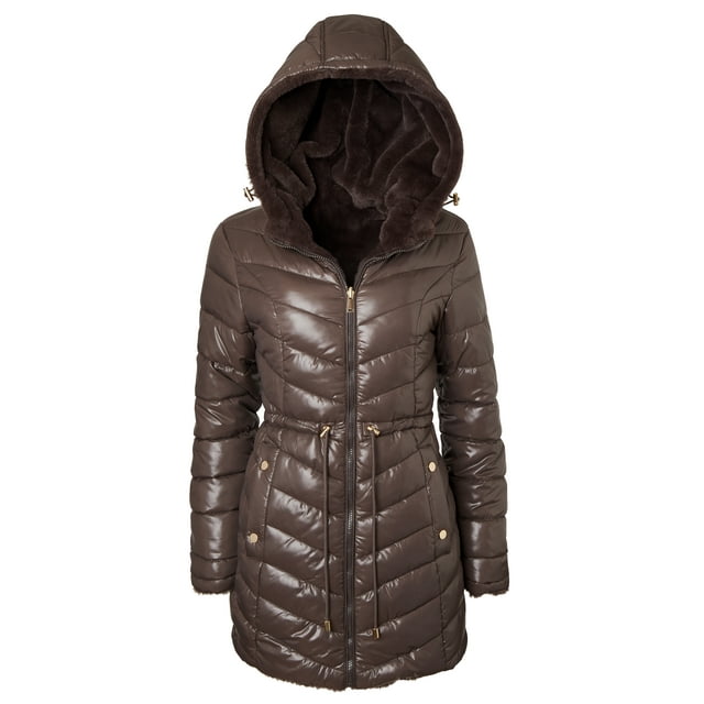 Manteau d'Hiver Réversible pour Femmes Doublé de Fausse Fourrure Matelassé - Marron - Moyen