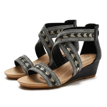 

TOYFUNNY Fashion Spring Summer Women Sandals Mid Heel Wedge Back Zipper Open Toe Breathable And Comfortable Coloured Roman Style