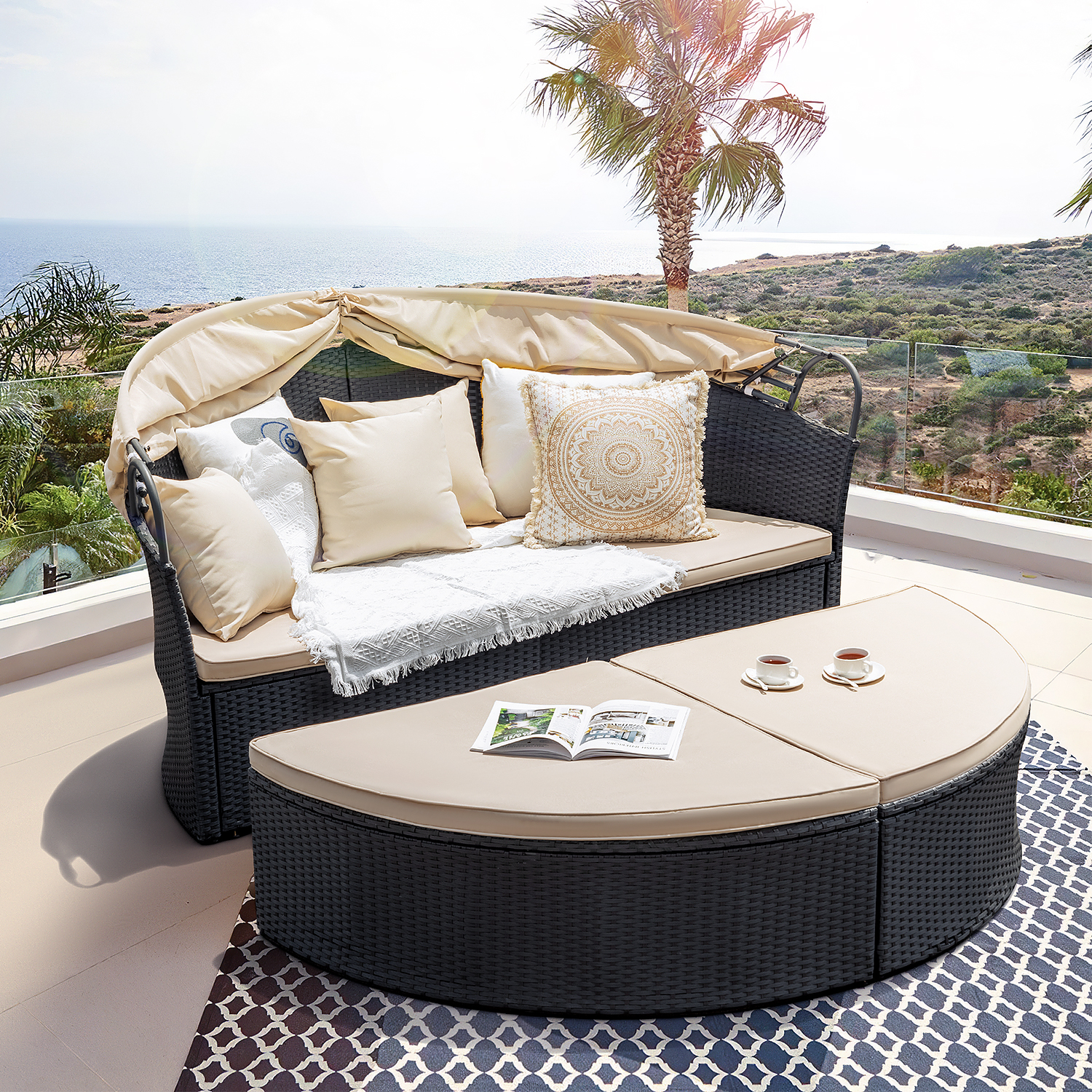 Homall Outdoor Daybed with Retractable Canopy Sectional Rattan Round Bed for Patio, Black & Beige - image 3 of 7
