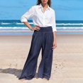thumbnail image 2 of Women's Linen Palazzo Pants Boho Wide Leg Elastic Waist Casual Lounge Pants with Pockets Beach Travel Vacation, #02 Navy, M, 2 of 8