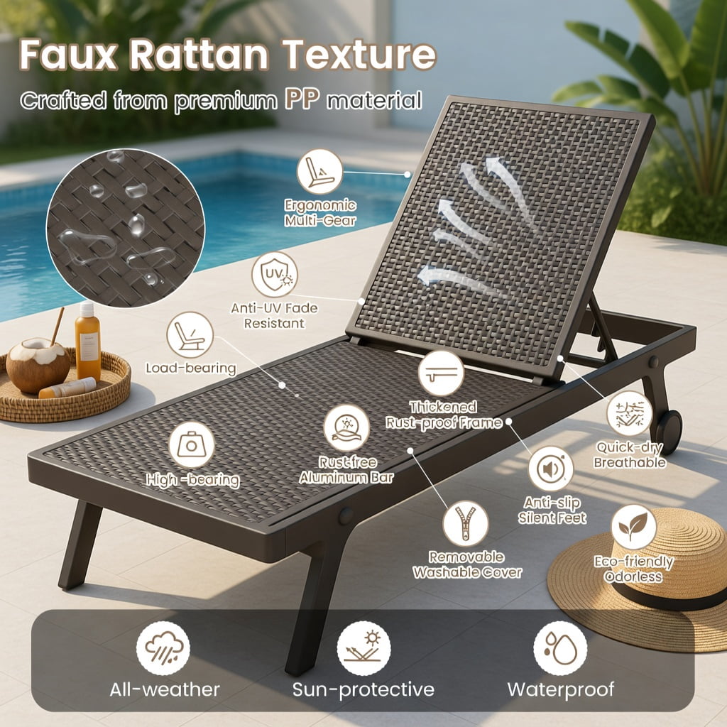 Hommoo Outdoor Chaise Lounge Chair, Adjustable 4-Position Reclining Patio Lounger with Waterproof Faux Rattan PP Surface, Brown