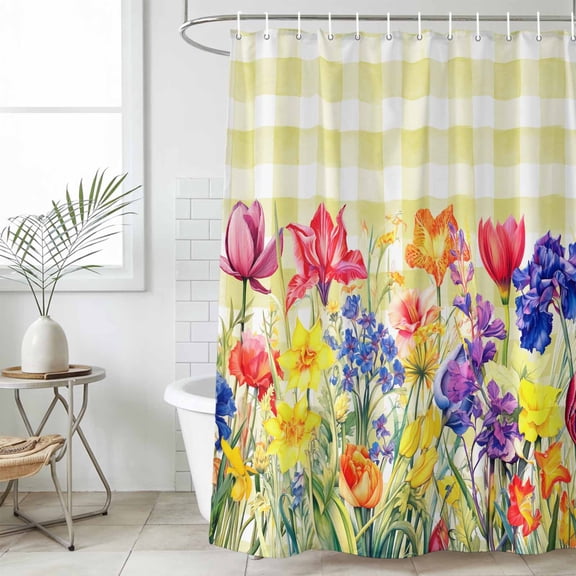 Yellow Plaid Tulip Waterproof Fabric Shower Curtain,Spring Floral Watercolor Botanical Waterproof Fabric Shower Curtain for Bathroom Curtains Bathtubs Shower Curtains with 12 Hooks Extra Long 72x96