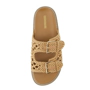 Cushionaire Weaver Summer Sandals for Women - Shiny Raffia Woven Slip On Womens Slides with Adjustable Buckle