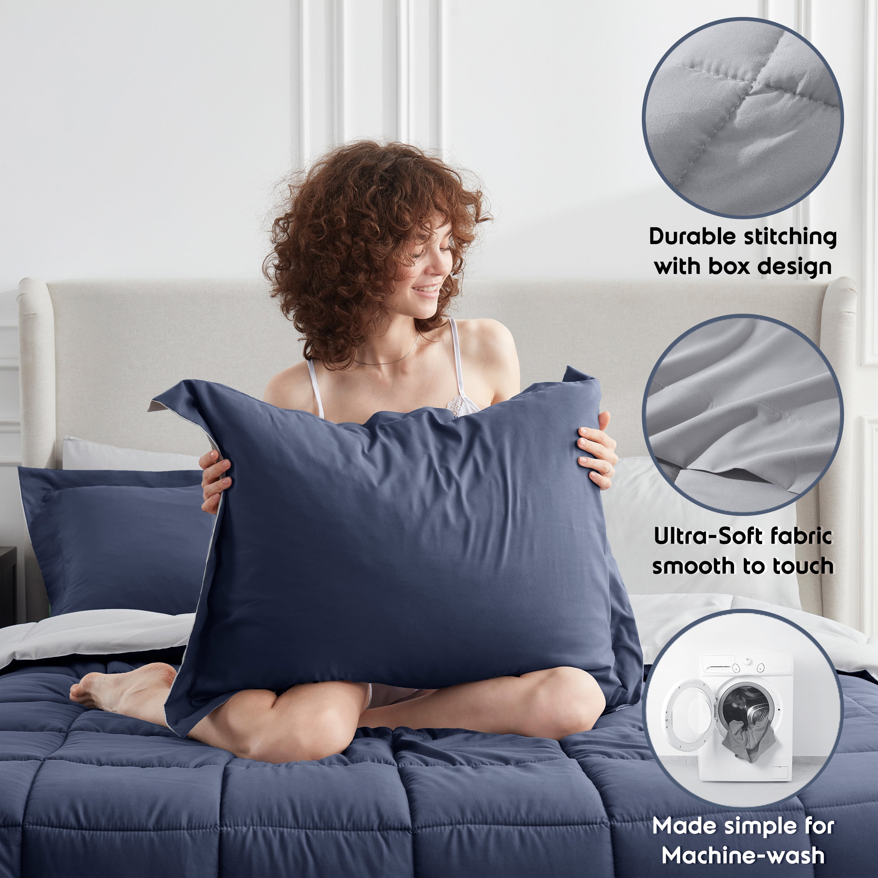 LammaLoe Twin XL Comforter Set, With Sheets, Reversible Bed In A Bag 5 Piece, Bedding Set, Navy