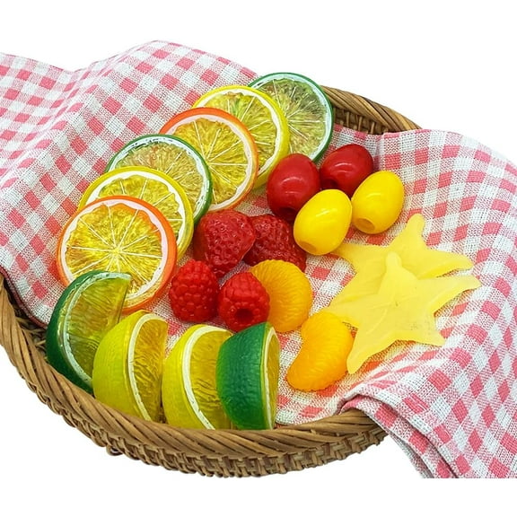 Artificial Mixed Fruit Slice, 22 Pcs Fake Fruit Slices, Artificial Lemon Slices Blocks Fake Red Raspberry Cherry Tomatoes for Home Decoration Party