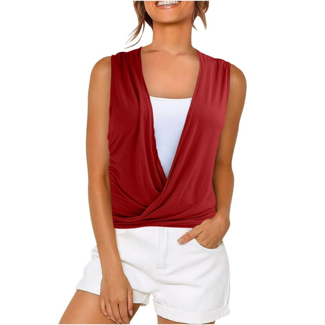 Timegard Camisoles pour Femmes Col en V Froncé devant Croisé Confortable Chic Décontracté Sans Manches Chemises Haut Blouse