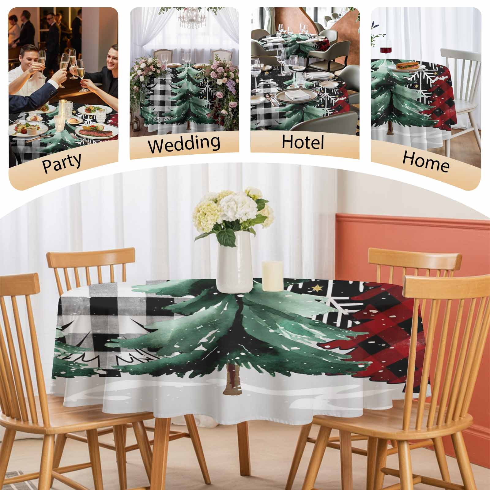 Round Tablecloth Merry Christmas Waterproof Oil Proof Polyester Table Cloth Cover Decor for Home Dining Outdoor,Patio,Parties, 54" Dia. Red Black Buffalo Plaid Christmas Tree Winter