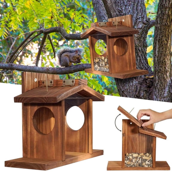 Outoloxit Large Capacity Wooden Squirrel Feeder House with Acrylic Panel, Easy to Install Outdoor Feeding Station for Squirrels and Chipmunks for Corn and Nuts