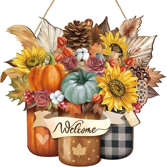 AUQ Welcome Fall Door Decorations Thanksgiving Sign Hanging Decoration Wall Hanger Masquerade Carnival Wreath for Outdoor Farmhouse Porch Front Door Decor