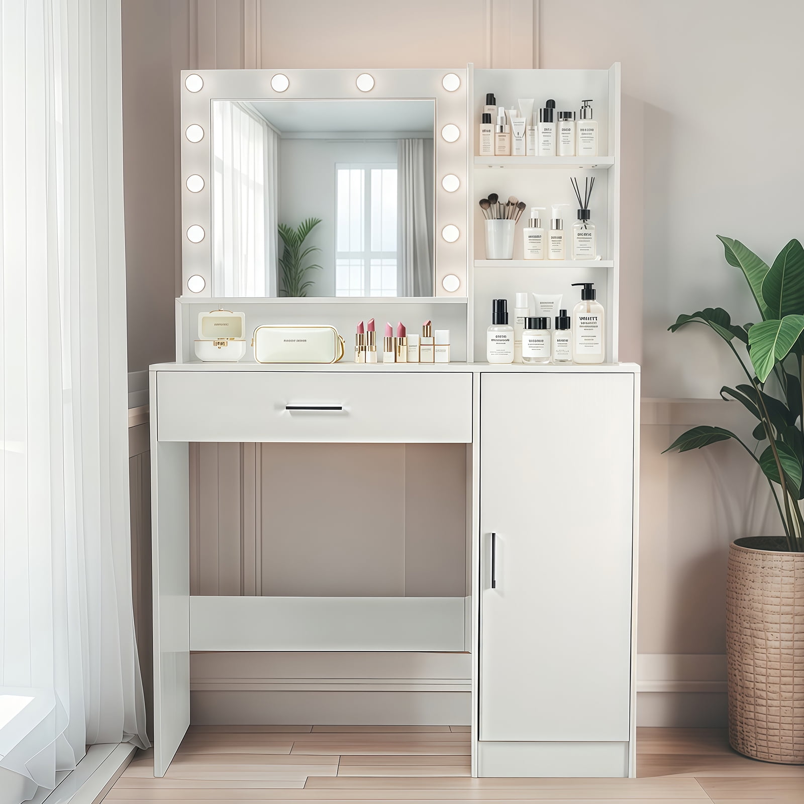 Vanity Desk with Mirror and Lights, Makeup Vanity with Drawer & Storage Cabinet, 3 Lighting Modes Adjustable Brightness, Dressing Table with Open Shelves for Bedroom, Dressing Room, White RR